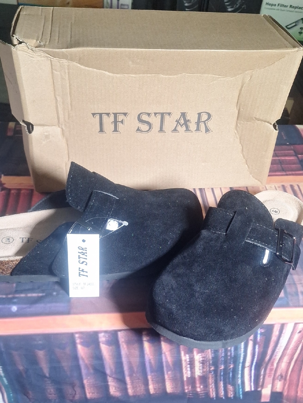TF STAR Black Suede Slip-On Clogs